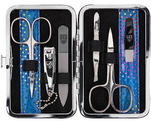 DREI SCHWERTER - Germany 6-tlg. Maniküreset 'Genova' | Set im Nageletui aus Kunstlackleder blau Sterne | Inhalt: Nagelschere, Hautschere, Nagelknipser, Glasnagelfeile, Pinzette, Saphirnagelfeile