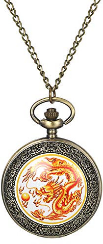 JewelryWe Drache Taschenuhr Herren Damen: Vintage Chinesische Drache spuckt Perlen Kettenuhr Analog Quarz Uhr mit Halskette Kette Geschenk Bronze