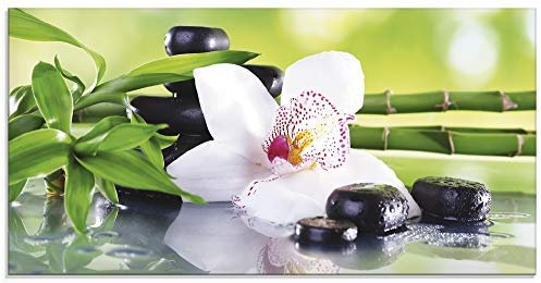 ARTLAND Küchenrückwand Glas mit Motiv Spritzschutz 100x50 cm Design Asien Orchideen Blumen Blüte Natur Bambus Zen Steine Grün T9IQ