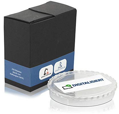 Digitalisiert Aufkleber 60 x 30 mm – 250 Etiketten für Akten | 250 Etiketten mit dem Aufdruck DIGITALISIERT und Piktogramm, Format 60 x 30 mm, im Spenderkarton zur Entnahme mit einer Hand.