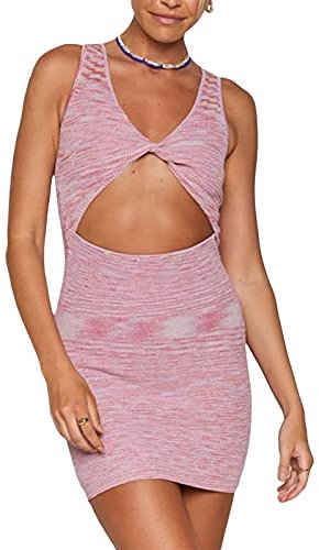 Carolilly Vestito Donna Sexy in Maglia Mini Abito Senza Manica Estivo Abito Corto Ragazza Aderente Senza Schienale Vestiti Eleganti Cocktail Party Mare Spiaggia Vacanza (C-Rosa, M)