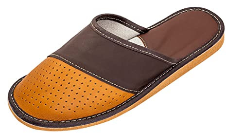 APREGGIO - Pantofole Da Uomo In Pelle - Comode e Traspiranti Con Plantare Morbido e Suola Antiscivolo - Marrone e Arancione - Taglia 41 EU