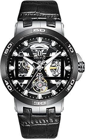 OBLVLO Stahl Automatikuhren mit Skeleton Zifferblatt Lederband Big Watch UM (UM-TBB)