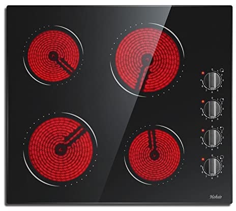 Hobsir Placa Vitrocerámica 4 Fuegos 59cm, Control de Perilla, 9 Niveles de Potencia, Superficie de Cristal Negro, Seguro para niños, Sin Enchufe(6000W)