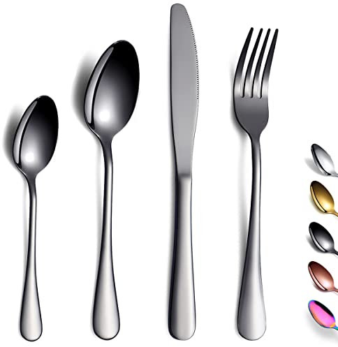 Black Cutlery Set 24 Pieces,Kyraton Titanium Black Plated Stainless Steel Tableware Set,Stainless Steel Flatware Set,Stainless Steel Flatware Silverware Sets,Dishwasher Safe.