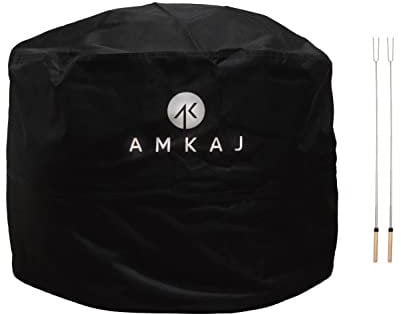 AMKAJ Round Fire Pit Cover - 80x50cm, Large, Black, Heavy Duty, Tear Proof, 600D Polyester, Outdoor UV Protection, Waterproof & Windproof Fire Bowl Cover- Complete with 2 BBQ Forks