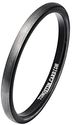Phyonio 2mm Wolfram Ringe Silber+Schwarz Schmale Matt Ringe Damen Gebürstet Ring für Verlobung Hochzeit Jahrestag Größe 49,3(15,7)
