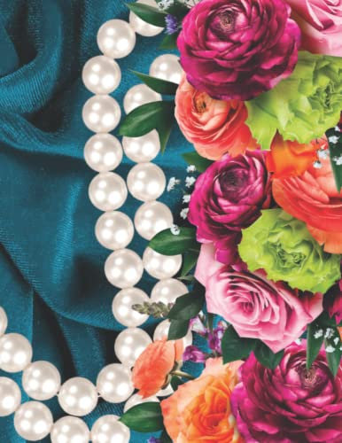 Notebook: Blue/Teal Velvet, Roses and Pearls, 150 Paged/75 Sheet Journal, 8.5 x11