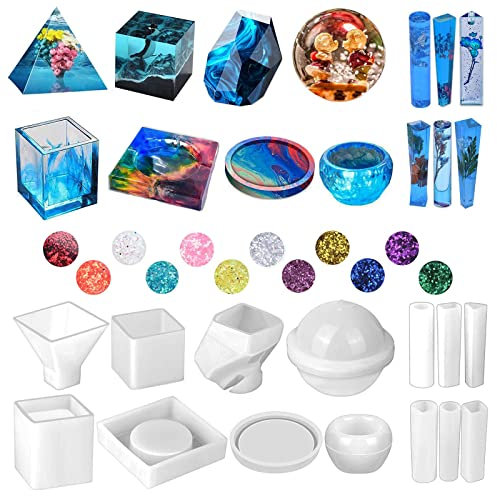 Silicone Resin Molds Kit 26PCS, Epoxy Molds, Large Casting with 12 Glitter Sequins for UV Casting, Including Sphere, Cube, Pyramid, Square, Coaster, Stone & Pendants