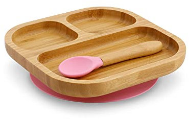 GREENBOX Bambus-Teller-Set quadratisch I Saugnapf-Teller mit Löffel - FSC-zertifiziert I süßes Bambus Holz-Schüssel-Set Kleinkind - Kinder-Teller & Snack-Schale I Baby Bambus-Geschirr eckig pink