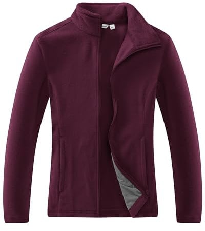 33,000ft Damen Fleecejacke mit Durchgehendem Reißverschluss Stehkragen Damen Leichte Fleece Jacke Antistatische Outdoor Damenjacke für Wandern und Freizeit, Weinrot 2XL