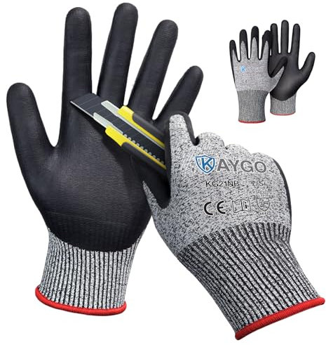 KAYGO 2 Paar Arbeitshandschuhe Schnittfest Level C, KG21N, Nitril Beschichtet Rutschfester Griff, Waschbar, EN388 4X42C Schnittschutz Handschuhe für Schneiden, Lager, Bau, Auto (Grau, S, Gr 7)