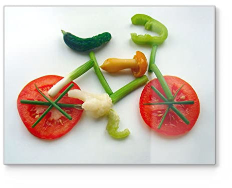 DEQORI Schneidebrett aus Glas | groß 40x30 cm | Motiv Fahrrad aus Gemüse | Design Schneideplatte für Küche | Frühstücksbrett antibakteriell & rutschfest | Glasplatte & Servierplatte