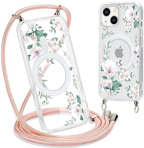 Yoedge Handyhülle Handyband für iPhone 14/iPhone 13 6,1 Hülle mit Band,Transparent Magnetisch Case Kompatibel mit Magsafe,Silikon Stoßfest Kordel Umhängen Schutzhülle mit Aesthetic Muster 3-Blumen