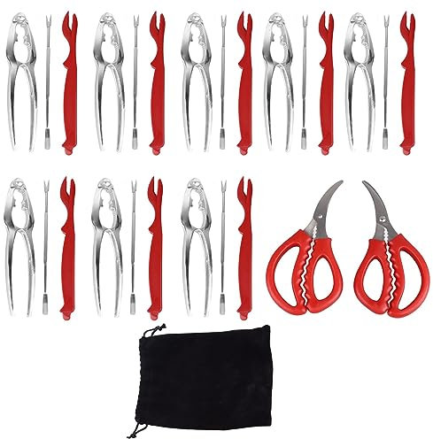 VIFERR Jeu de 27 Outils pour Fruits de Mer, Casse-Noix en Métal Comprenant 8 Craquelins de Crabe 8 Décortiqueurs de Homard 8 Fourchettes à Pattes de Crabe 2 Ciseaux à Fruits de Mer Sac en Flanelle