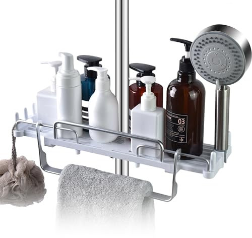 LOLYPOT Duschablage Ohne Bohren Teleskopisch 32~48cm, Duschregal zum hängen Badezimmer Organizer mit Handtuchhalter Duschhalter, Duschstangen-Aufbewahrungsregal für 18mm~25mm Duschstange (Weiß)