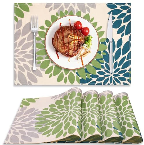 Platzsets Abwaschbar Tischsets Leinen Antifouling Rutschfest Tischset Wetterfest Grün Dahlie Boho Tisch-Deko für Zuhause Restaurant Speisetisch Urlaub Party Indoor Oudoor Esszimmer 32x45cm,4er Set