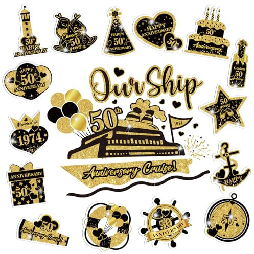 50th Anniversary Cruise Door Magnets Decorations, Gold Black Happy 50th Anniversary Cruise Ship Door Decor Magnetic for Married in 1975 Men Women Wedding Party Refrigerator Fridge Car Kitchen Garage