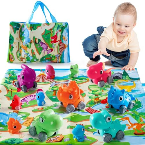 KmmiFF 14pcs Dinosaurier-Spielzeugset, 2-in-1 Spiel- und Aufbewahrungsmatte, 1x Aufbewahrungsbox, 6X Dinosaurier-Fahrzeuge und 6X niedliche Fingerdinosaurier für 1 Jahr Kids