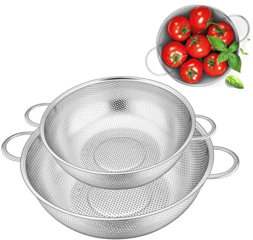 Lot de 2 passoires de cuisine avec poignées diamètre 22 cm, passoire à pâtes 19 cm en inox, panier passoire dessus, pour égoutter les pâtes, légumes et fruits, riz, passe au lave-vaisselle