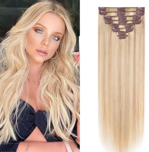Benehair Extensions à Clip Cheveux Vrais, 8Pcs 18 Clips Extension Chevelure Humains, 50g Extension de Cheveux Humains Clip In, Extensions de Chevelure Vrais Clips, 25CM Chameau mixte Lumière Or