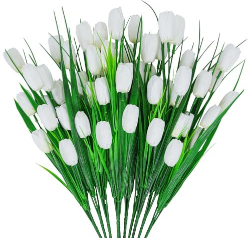 HUAESIN 10 Bündel weiße Tulpen, künstliche Blumen, Frühlingsblumen, Kunstpflanzen, Seidenblumen-Arrangement für Zuhause, Innenbereich, Tischvase, Outdoor, Garten, Sommer, Fenster, Friedhofsblumen