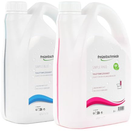 Freizeitschmiede Set Simple Blue + Simple Rinse Toiletten Zusatz je 2L Spülwasserzusatz, Sanitärflüssigkeit für Campingtoilette