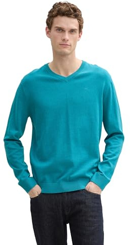 TOM TAILOR Herren Strickpullover mit V-Ausschnitt, 37094 - Turquoise Blue Melange, XXL
