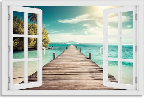 timalo Wandbild Outdoor wetterfeste Bilder für draußen | Gartenbilder Innen & Außen | Landschaftsbilder Acryl Glas Fensterblick Effekt | 120x80cm Strand Karibik Meer Steg
