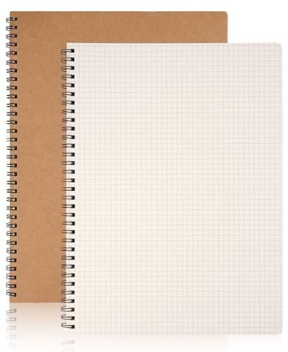 Squared Paper Notebook A4, 2Pcs 120 Pages/ 60 Sheets Grid Spiral Notebooks | 100gsm Paper Kraft Cover, Graph Paper Wirebound for Kids & Adults Journal,Composition, Diary, School & Office Supplies