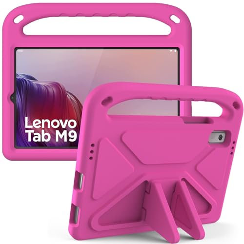 Compatible avec la coque Lenovo Tab M9 (TB-310FU) 22,9 cm version 2023 pour enfants, étui de protection léger en EVA résistant aux chocs, sangle d'épaule, poignée (rose rouge)