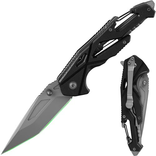 FULLHI Couteau de chasse de 3,2 pouces avec lame en acier 440C, couteau de randonnée EDC avec clip de poche, mousqueton et tournevis au bout du manche, adapté au camping et à la randonnée