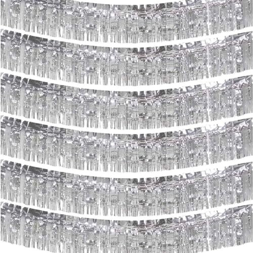 We Moment Zone 6-Pakete Silber Fransen Girlande Metallic, Metallic-Folien-Fransengirlande Hängedekoration aus Kunststoff, Mottoparty, Geburstag, Hochzeit, Karneval, Party Deko 30 cm x 18 m