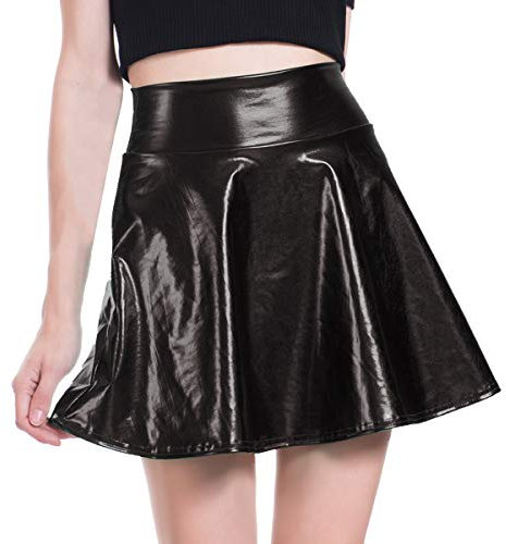 AGYMNX Damen Metallic Shiny Plissee Rock Plissee Elastische Taille Kurz A-Linie Mini Rock Kostüm Musikfestival Y2K Party, Schwarz , L-XL