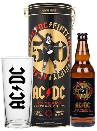 Ipa Beer Gifts for Men - Limited Edition 50th Anniversary AC DC Ipa Beer 500ml & Branded Beer Glass in the Tin Gift Set with Topline Card. Christmas Gifts for Him, Birthday Party Food Hamper