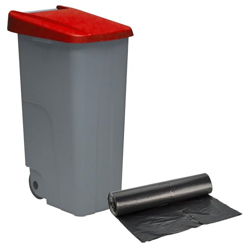 WELL HOME MOBILIARIO & DECORACIÓN Conteneur fermé 110 L rouge H.88 cm + rouleau de 10 sacs poubelle 120 l