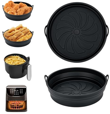 Alyvisun Moldes Silicona Freidora de Aire, 2 Piezas Recipientes Accesorios para Freidora sin Aceite Reutilizable Bandeja Redondo Utensilios Cesta para Air Fryer, Microondas, Horno (Negro)