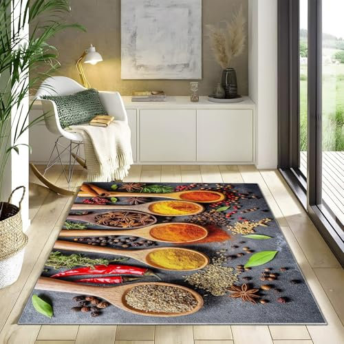 Teppich Bedruckter Bunte Gewürze im Landhausstil Teppich Matte Grau für Wohnzimmer, Schlafzimmer und Küche, für Harte Böden Kinderzimmerteppich 120 x 180 cm