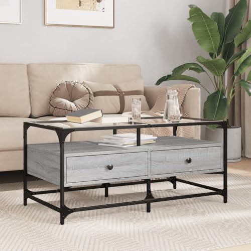 Lauuoeriau Furniture Item Home Couchtisch mit Glasplatte Grau Sonoma 98,5x50x45 cm Stahl-Möbel