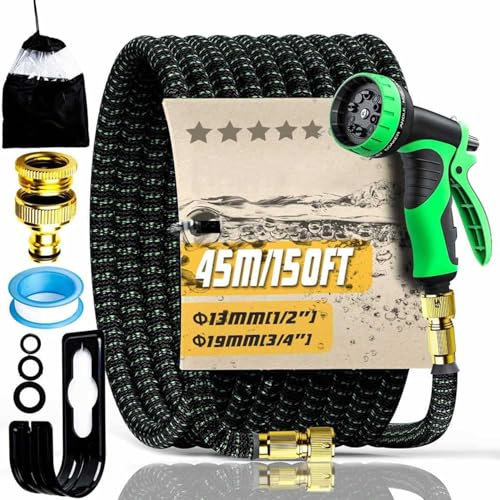 Tubo da Giardino 150FT/45M, Tubo da Giardino Estensibile con Connettori da 3/4 e 1/2, Antipiega e Anti-perdite, Ugello Spray a 10 Funzioni per Irrigazione del Giardino, Lavaggio Auto e Pulizia
