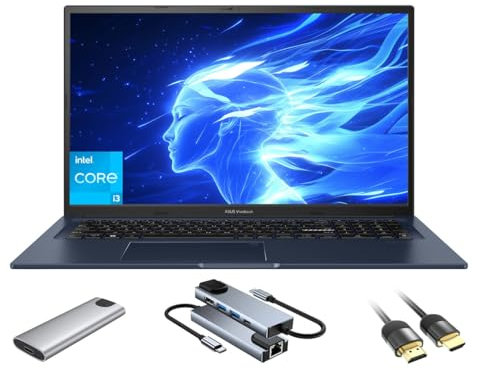 ASUS Vivobook - Computer portatile, display FHD antiriflesso da 17,3, 16 GB di RAM, SSD da 512 GB + SSD portatile da 128 GB, Core i3-1215U (fino a 4,4 GHz), WiFi 6E, webcam, tastiera, pacchetto di