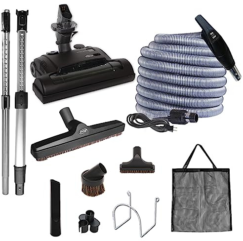 OVO Central Vacuum Carpet Deluxe Accessory Kit, 30ft Dual Voltage Hose with Pigtail, On-Off Switch at The Handle, 6 Adjustable Heights Electric Carpet Beater, 12’’ Floor Brush and Accessories, Black