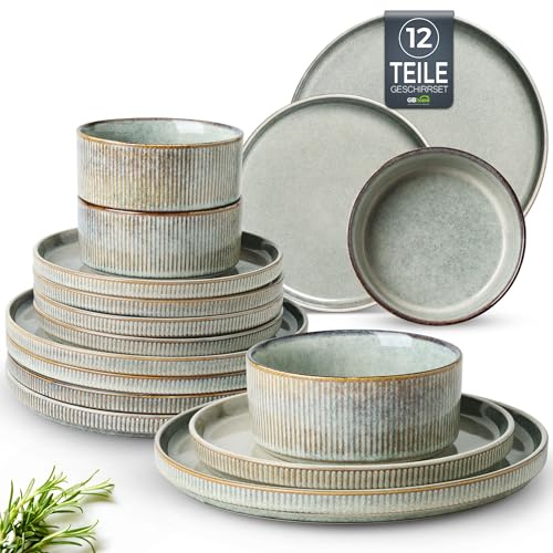 GBhome Steingut Geschirrset 4 Personen, 12-tlg Reaktive Glasur Handarbeit Steingut Geschirr Set, Mikrowellen- & Spülmaschinenfest Schüssel- und Teller Set, Desret Salbei, GDW159GY-EU