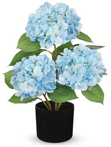 Hollyone Künstliche Hortensie im Topf, Hellblau Hortensien Kunstblumen Deko Blume mit Topf Seidenblume für Haus Bad Büro Tisch Dekoration