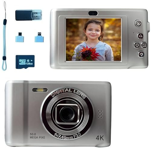 Macchina Fotografica Digitale con 128GB, 1080P 50MP Fotocamera Compatta con Zoom Digitale 8X Flash, Fotocamere Digitali Per Bambini Adolescenti Adulto Principianti