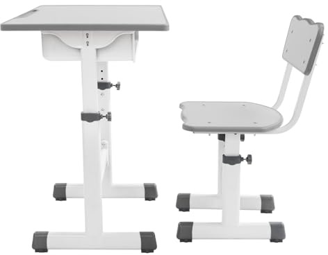DJOAIUYF Kinderschreibtisch Set,Höhenverstellbarer Schreibtisch und Stuhl,Kinder,ArbeitstischStuhl,Verstellbarer Lerntisch für 3-18 Alter,70 * 50cm (Grau-Weiß)