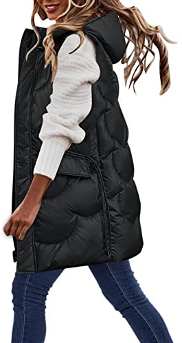 Chanpning Manteau Femme Sans Manche Doudoune Longue Sans Manche Veste Matelassé À Capuche Légère Avec Poches Gilet Duvet Hiver Chaud Manteaux Zippé Décontracté Parka Blouson Grande Taille