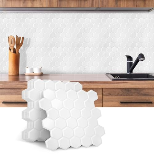 ISOISL Klebefliesen Selbstklebend, Wasserdicht & Hitzebeständig - Fliesenaufkleber für Küche und Bad - Einfach zu Reinigen (10er Set, Hexagon-Design, Weiß)
