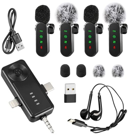 Kabellose Lavalier-Mikrofone mit LED-Anzeige, 4 Stück, Lavalier-Mikrofone, Clip-on-Mikrofon, Auto-Pairing, Mini-Mikrofon mit Rauschunterdrückung für Videoaufnahmen, Vlogging, TikTok