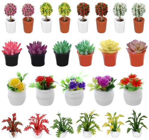 DOPENSPI 25 Stück Miniatur Pflanzen Set, Miniatur zubehör Pflanze 1:12 Mini Garten Topfpflanzen Winzige Blumen Modell Grün Ornamente Feengarten Zubehör Dekoration für Garten Handgefertigt,DIY